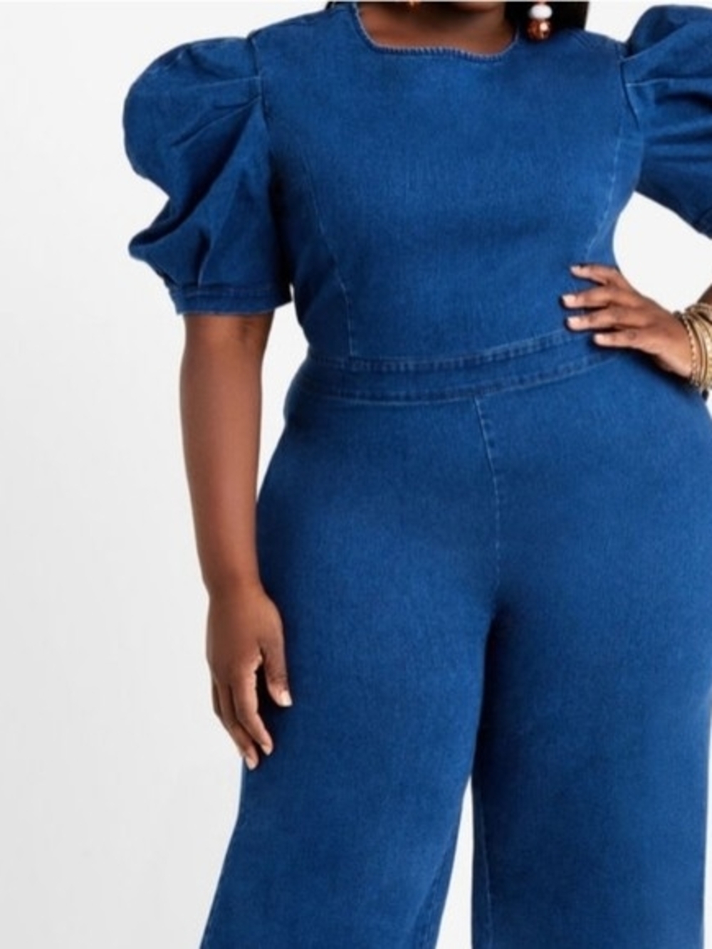Ashley Stewart Puff Sleeve Denim Jumpsuit - Indigo Blue